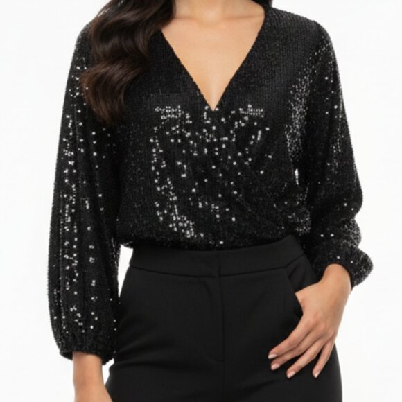Glam NWT INC Plus Size 1X Sequin Faux Wrap Puffed Sleeves Evening Wear Blouse - Picture 2 of 6
